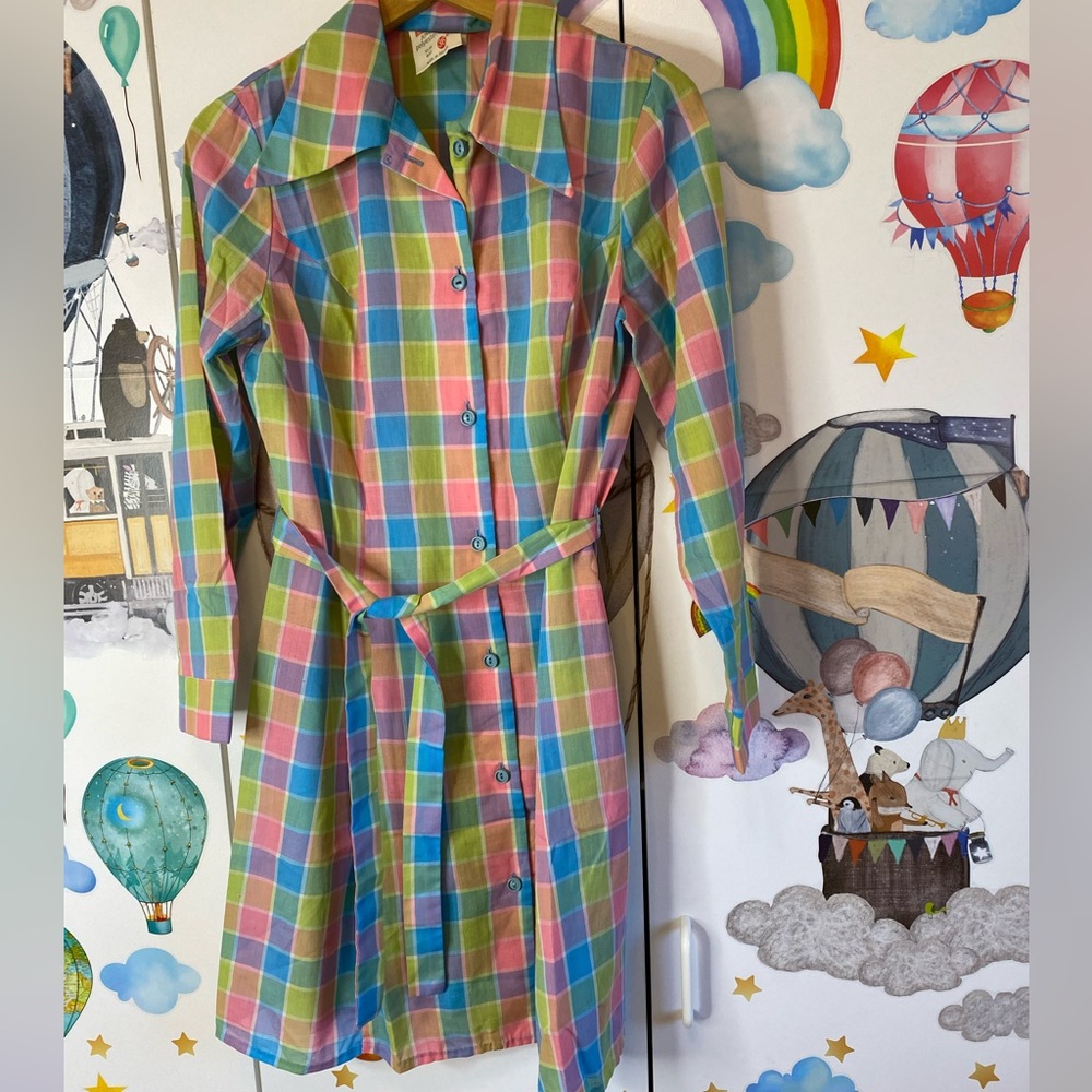 Vintage Multicolor Plaid Shirt Dress with Belt